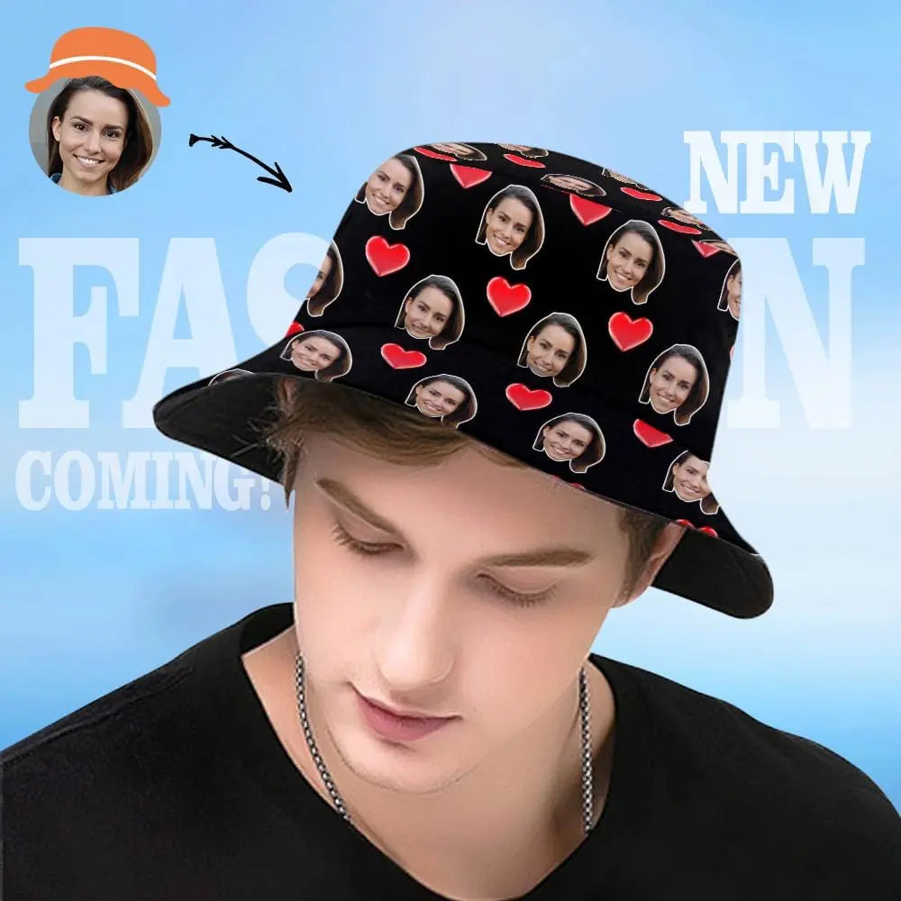 Custom Face Bucket Hat Personalized Heart Print Summer Unisex Fisherman Hat