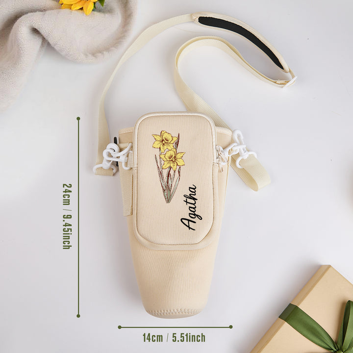 Personalized Birth Flower Waterproof Bottle Carrier Bag with Removable Pouch for 40oz Stanley Tumbler Gift for Women