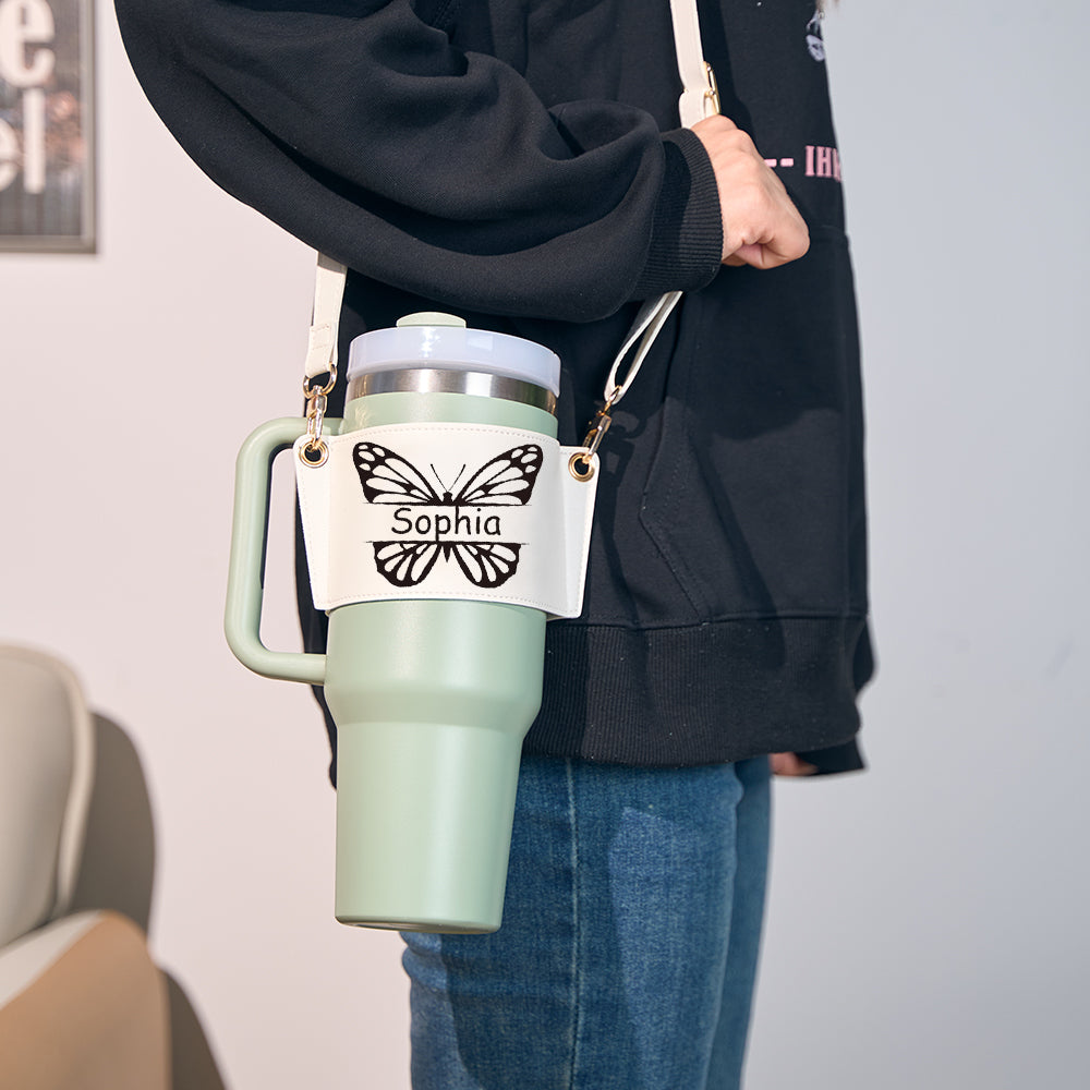 Personalized Butterfly Water Bottle Carrier Bag for 40oz Stanley Tumbler with Adjustable Strap Gift for Women