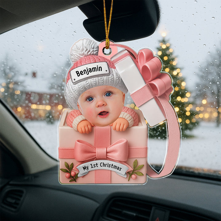 Custom Baby Face & Text Acrylic Ornament – Baby in Gift Box Design Personalized Christmas Keepsake for Newborns