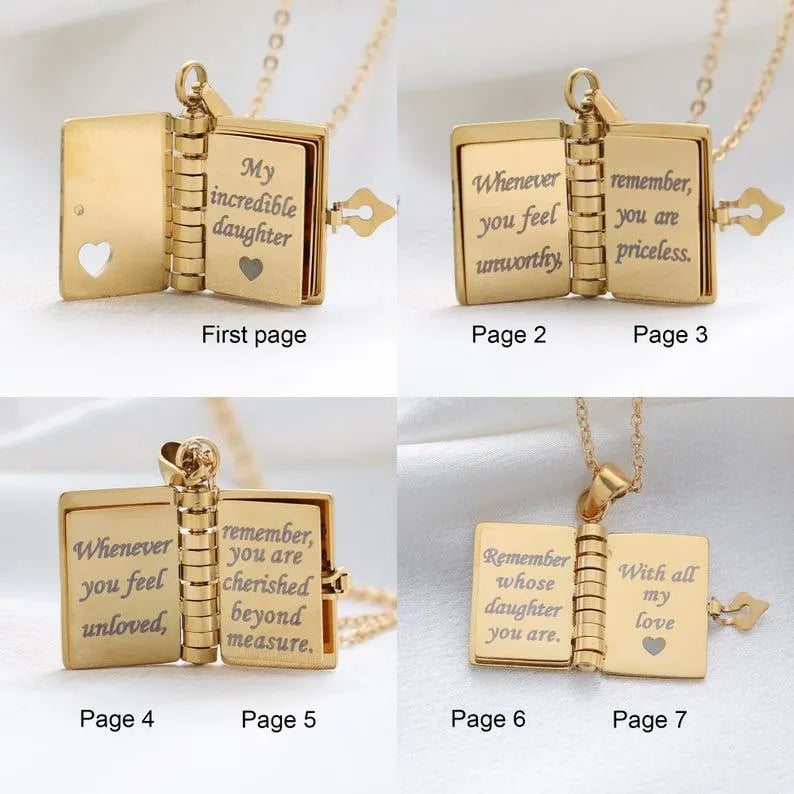 Personalized Text Book Necklace – Adjustable Pendant with Message Inside Meaningful Jewelry