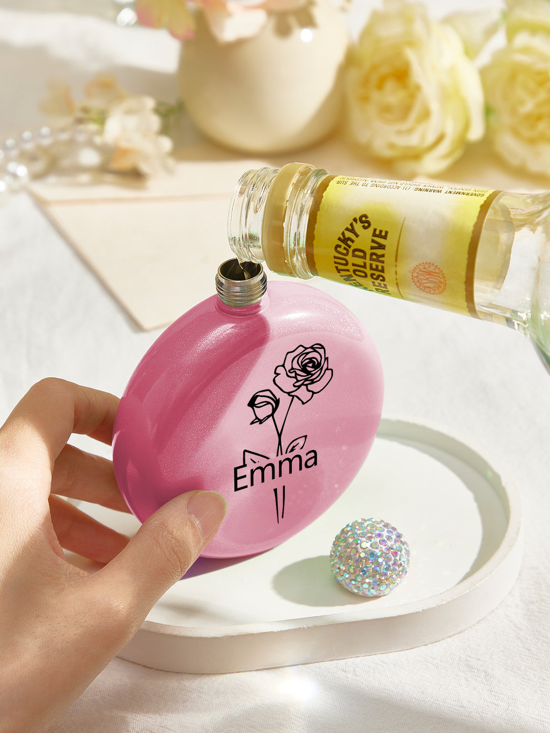 Personalized Birth Flower Round Flasks with Name 5oz Glitter Flask Wedding Birthday Gift for Her