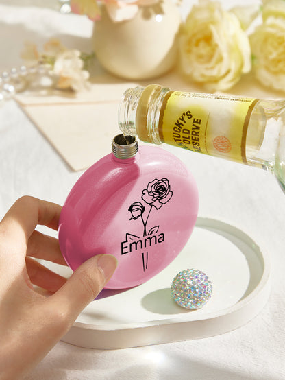Personalized Birth Flower Round Flasks with Name 5oz Glitter Flask Wedding Birthday Gift for Her