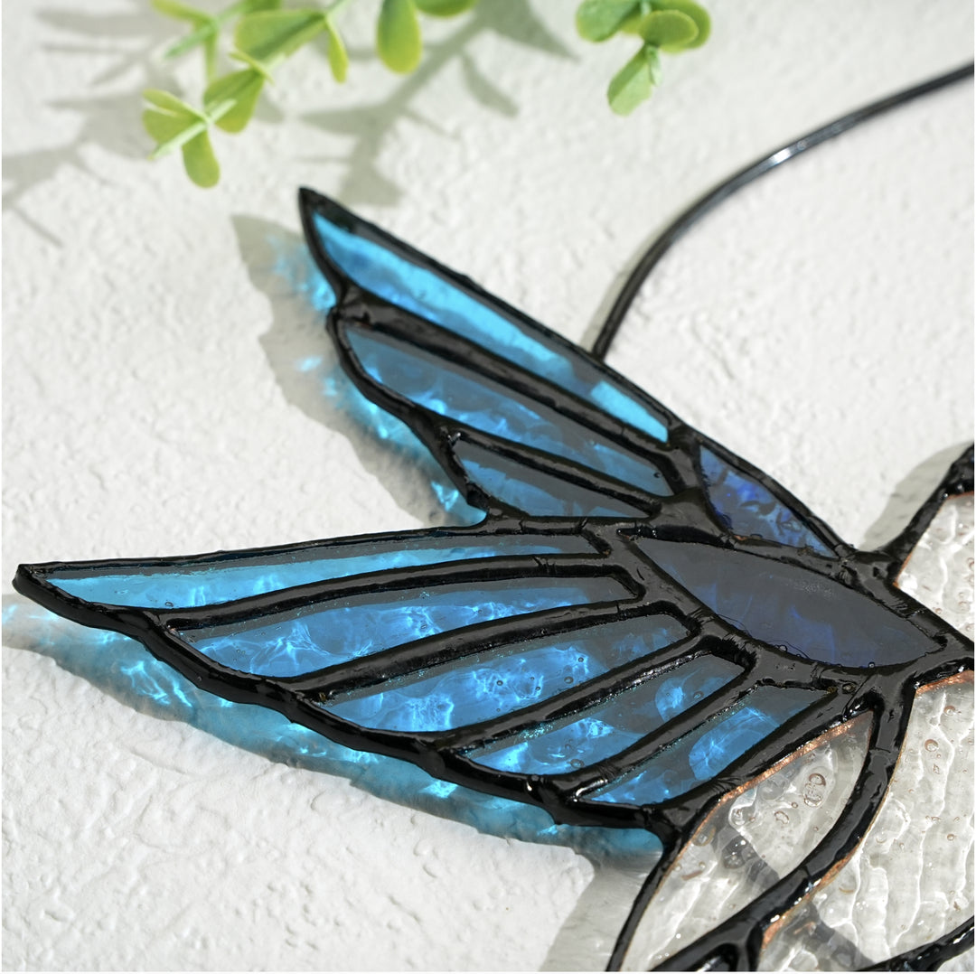 Blue Glass Bird Suncatcher with Yellow Flower Window Decor Handmade Gift