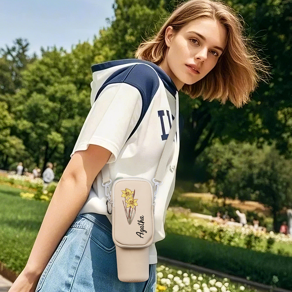 Personalized Birth Flower Waterproof Bottle Carrier Bag with Removable Pouch for 40oz Stanley Tumbler Gift for Women