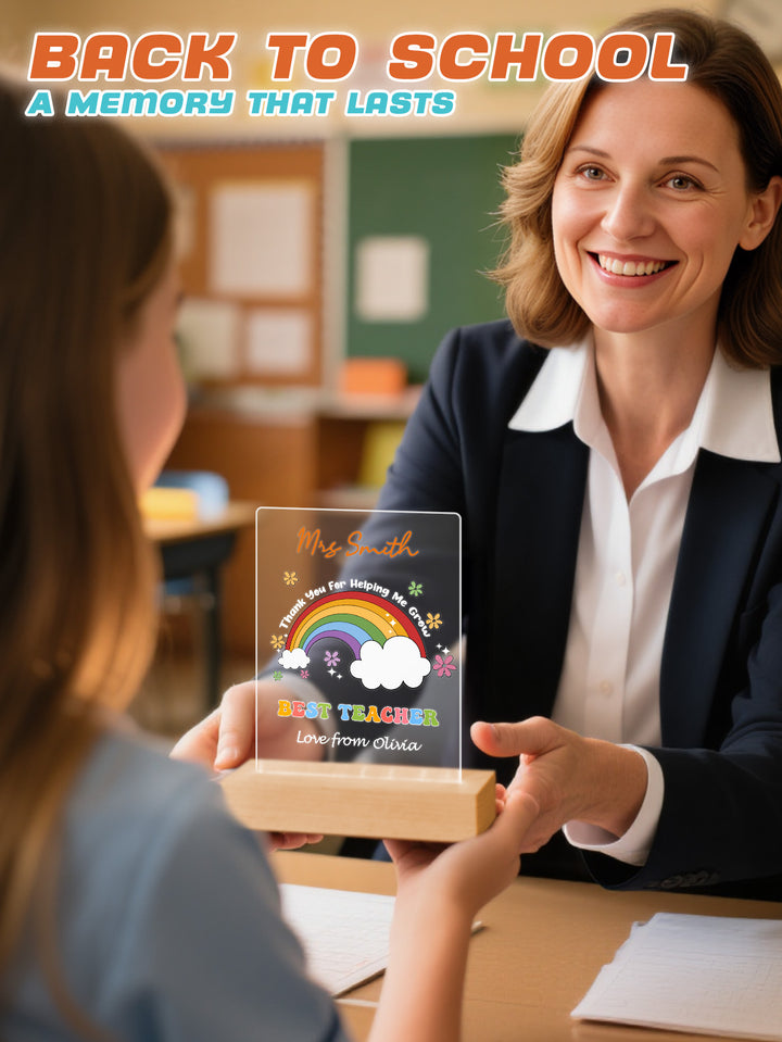 Custom Name Back to School Transparent Night Light with Rainbow Design White Light Teacher's Day Gift