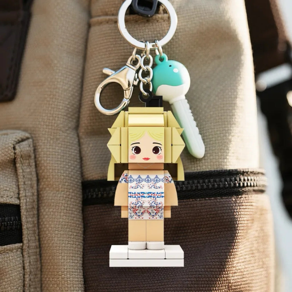 Custom Cute Bag Charm Fully Body 1 People Mini Brick Figure with Engraved Text Keychain