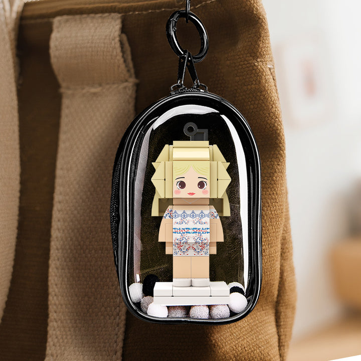 Custom Cute Bag Charm Fully Body 1 People Mini Brick Figure with Engraved Text Keychain