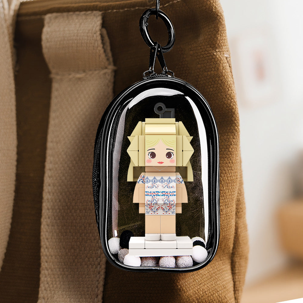 Custom Cute Bag Charm Fully Body 1 People Mini Brick Figure with Engraved Text Keychain