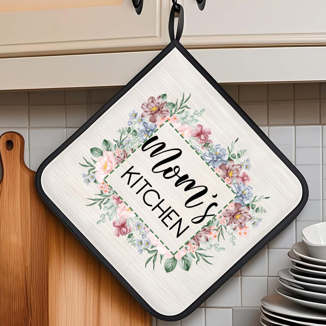 Personalized Flower Insulation Oven Mitt and Pot Holder Set with Text Kitchen Decor Gift for Mom