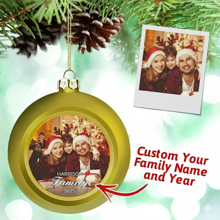 Personalized Photo & Family Name Christmas Ball Ornament – Custom Year Holiday Tree Decoration