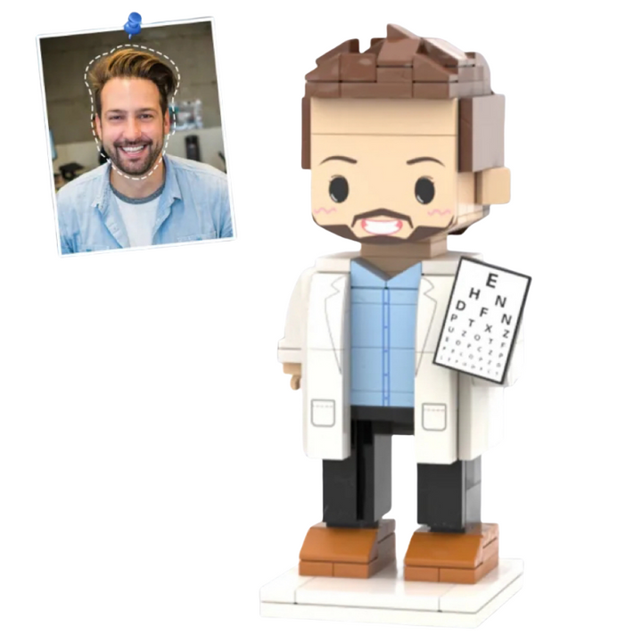 Personalized Head Doctor Brick Figure Holding Eye Chart – Custom Text Medical Career Gift, Gift for Him