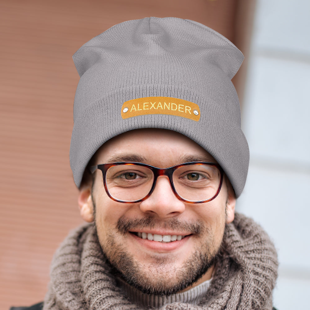 Custom Name Leather Patch Beanie Personalized Adult Winter Hat