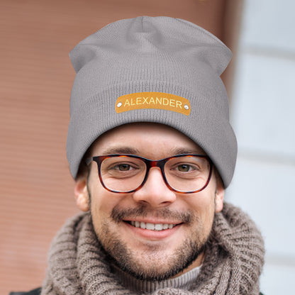 Custom Name Leather Patch Beanie Personalized Adult Winter Hat