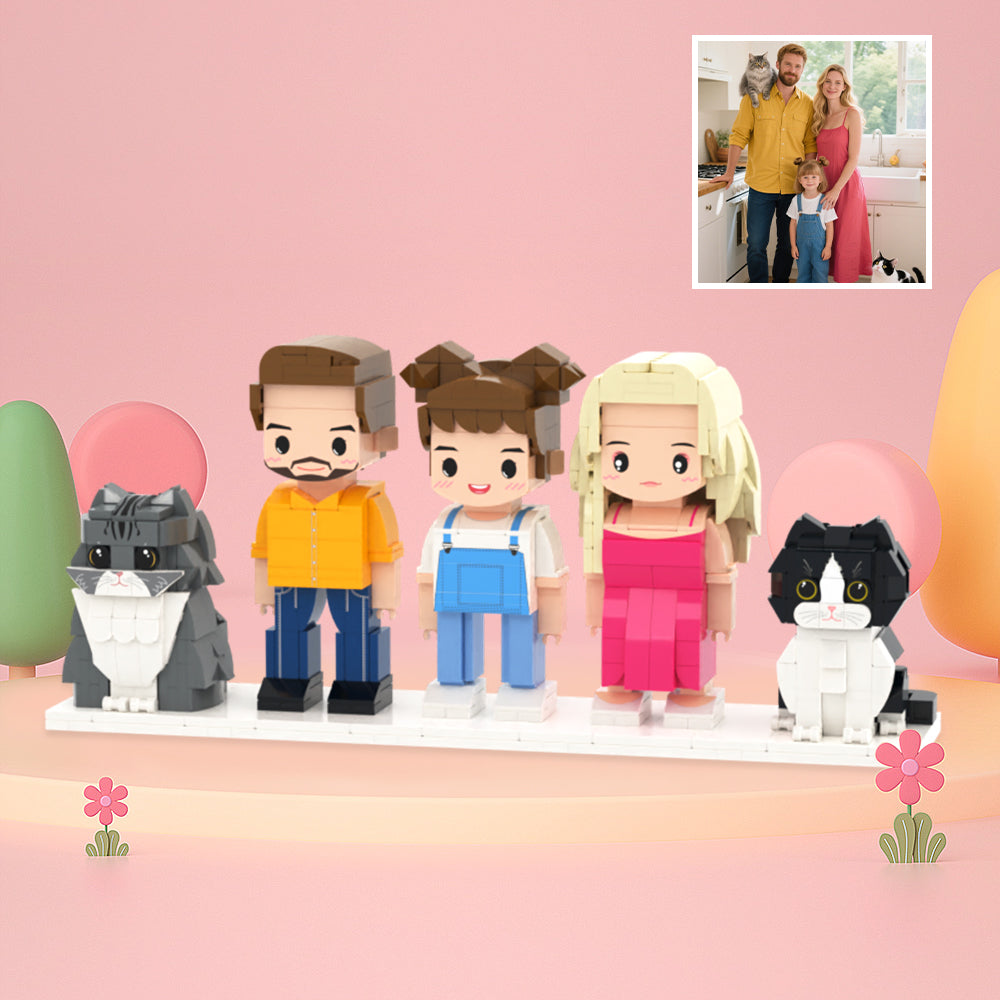 Custom Full-Body Cute Brick Figures of 3 People and 2 Cats Personalized Anniversary Gift Birthday Gift