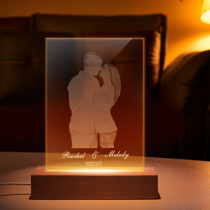 Personalized 2D Carved Photo Night Light Custom Glass Led Night Lamp for Couple
