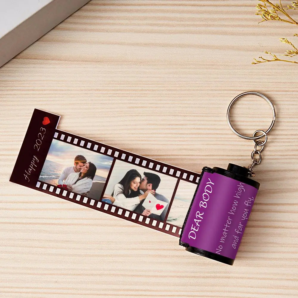 Custom Photo & Text Colorful Roll Film Keychain Camera Keychain with Wood Box Meaningful Gifts For Couples