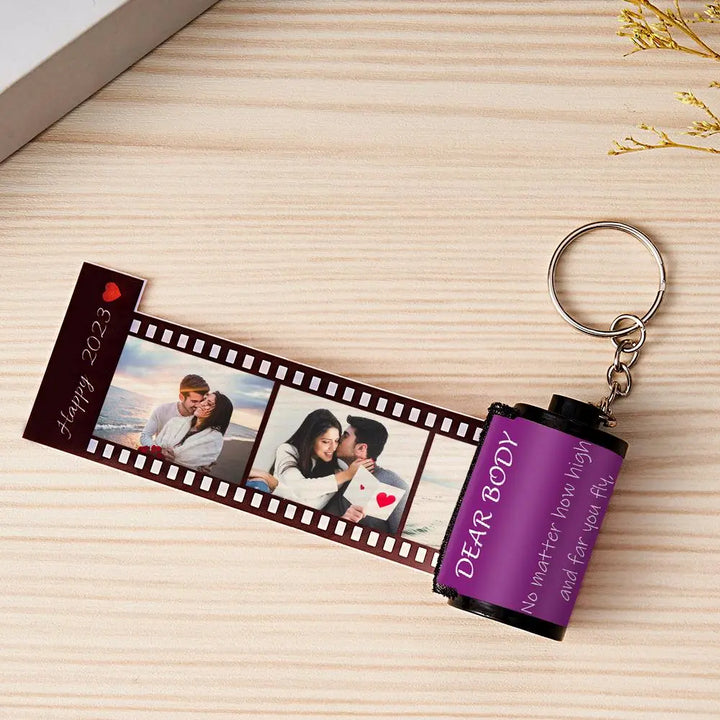Custom Photo & Text Colorful Roll Film Keychain Camera Keychain with Wood Box Meaningful Gifts For Couples