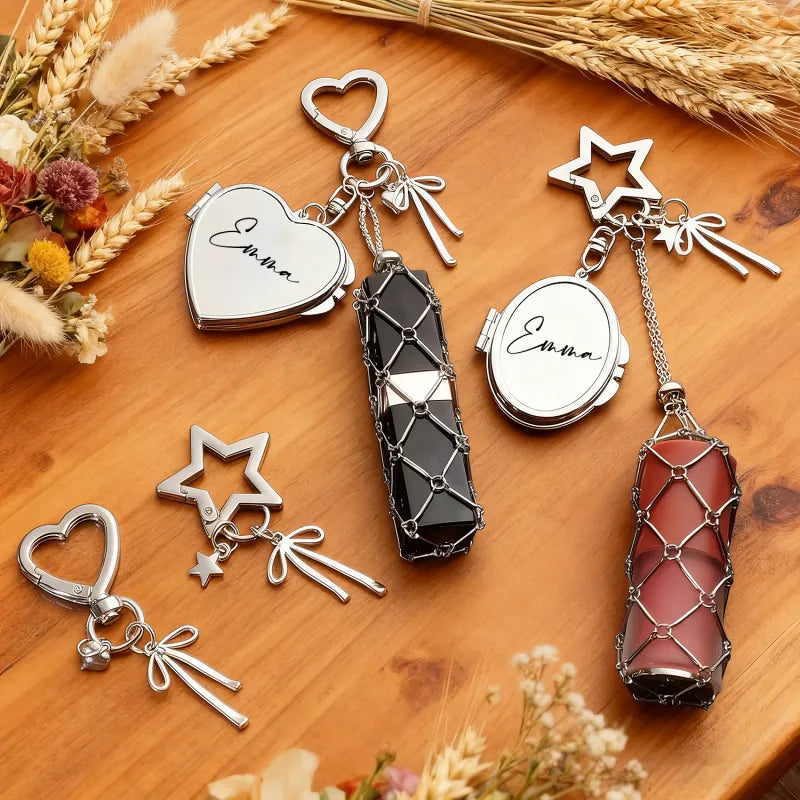 Personalized Text Lipstick Keychain with Mirror Metal Makeup Bag Charm Valentine's Day Gifts