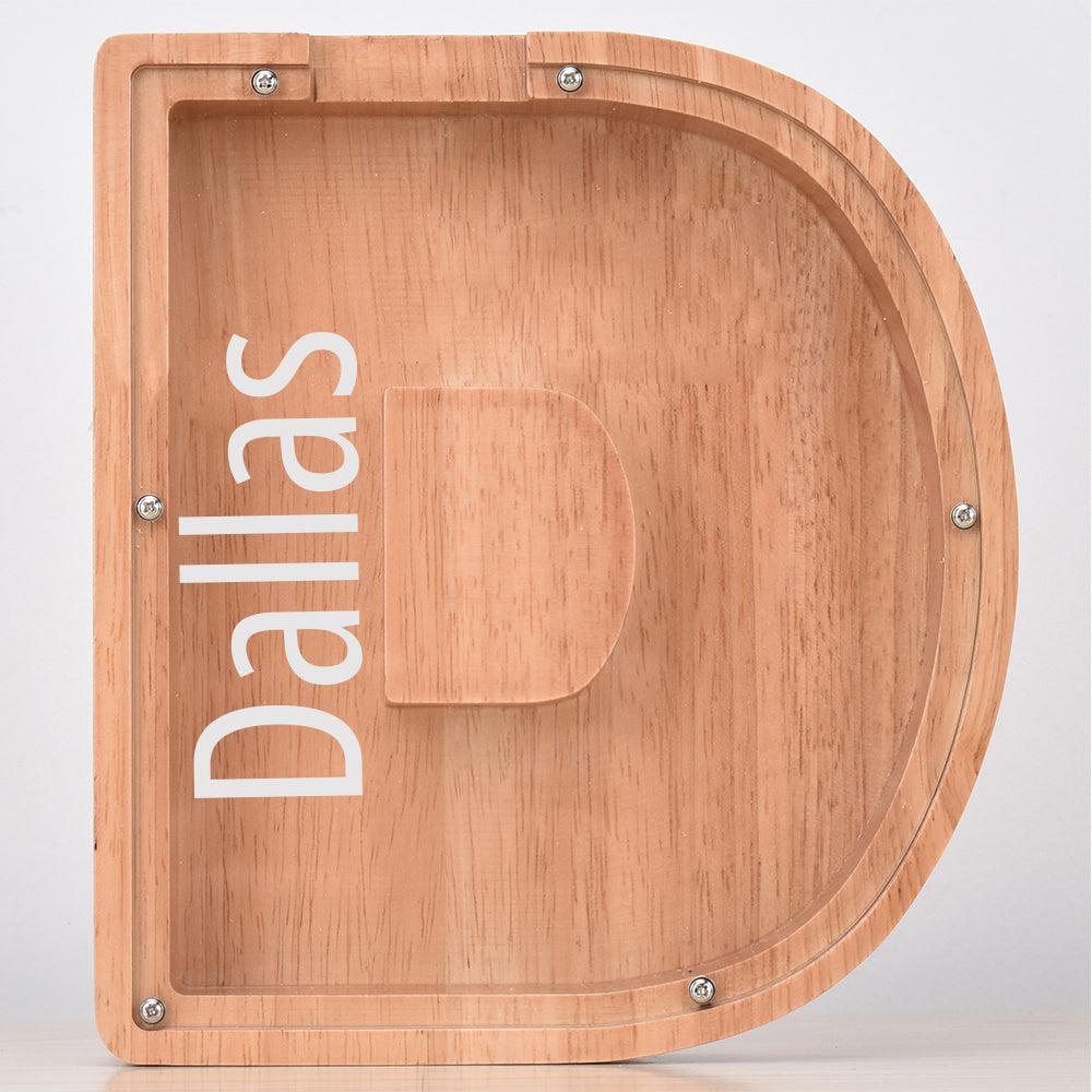 Custom Engraved Name Oak Wooden Letter Piggy Bank