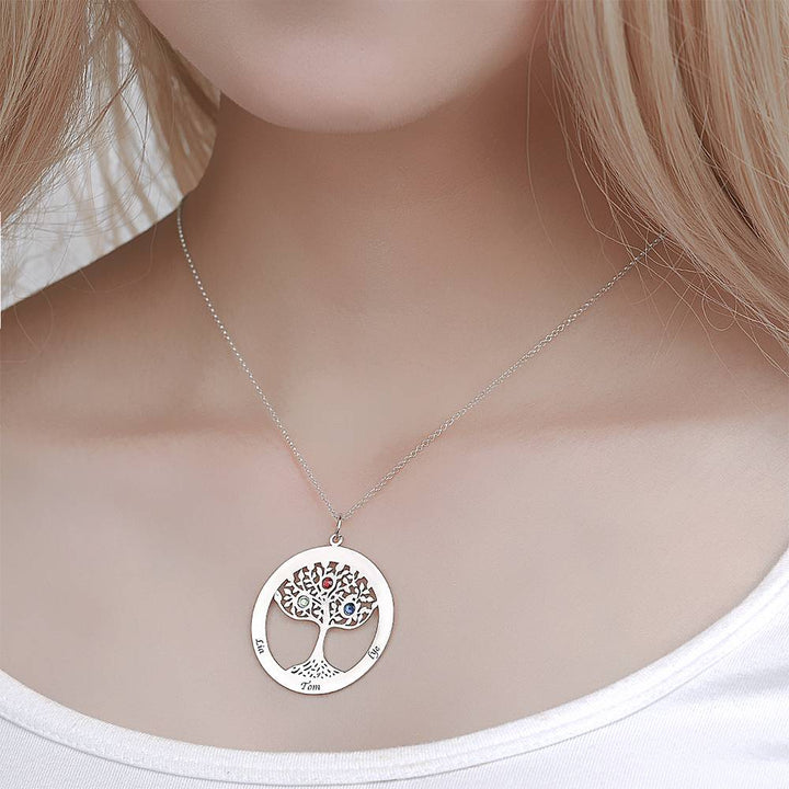 Personalized Family Tree Necklace Engraved Name Birthstone Necklace S925 Silver