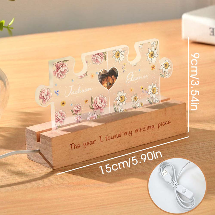 Personalized Couple Puzzle LED Night Light with Birth Flower Photo Night Light Gifts for Her