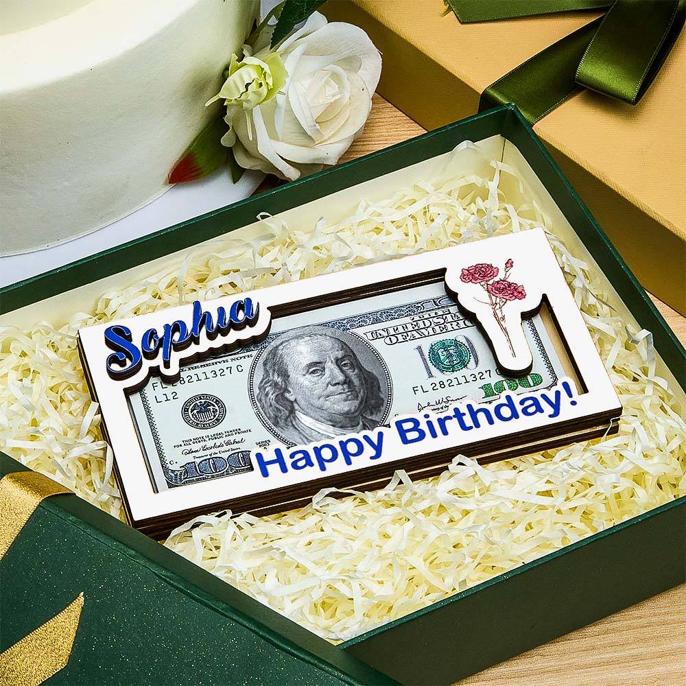 Custom Name & Text Birth Flower Wooden Money Box - Personalized Storage