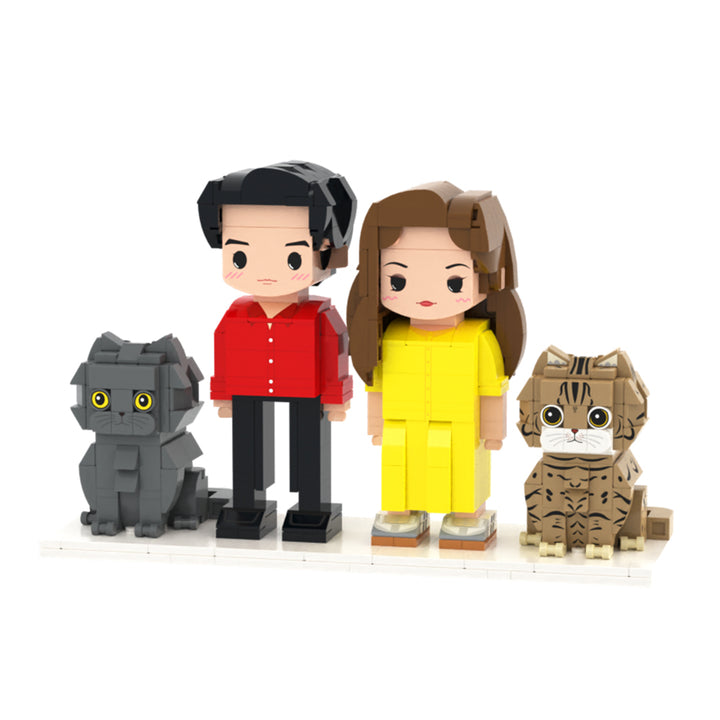 Custom Full-Body Cute Brick Figures of 2 People and 2 Cats Personalized Anniversary Gift Birthday Gift