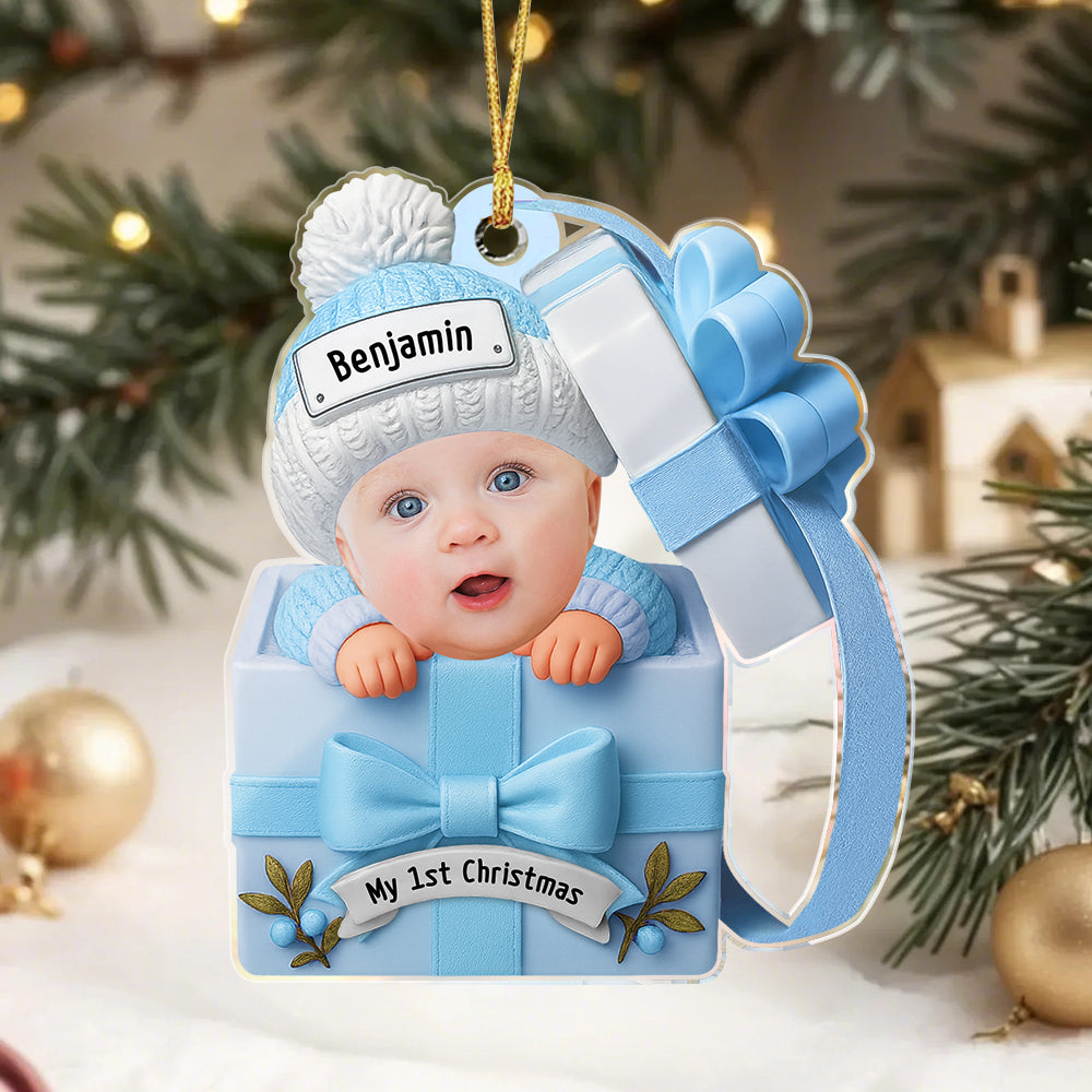 Custom Baby Face & Text Acrylic Ornament – Baby in Gift Box Design Personalized Christmas Keepsake for Newborns
