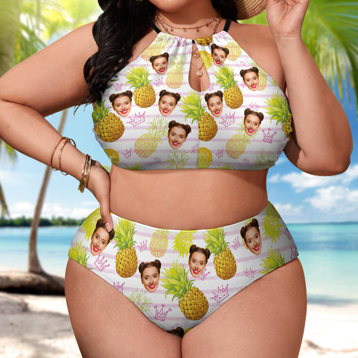 Custom Face Plus Size Swimwear Personalized Pineapple High Waist Bikini Swimsuit