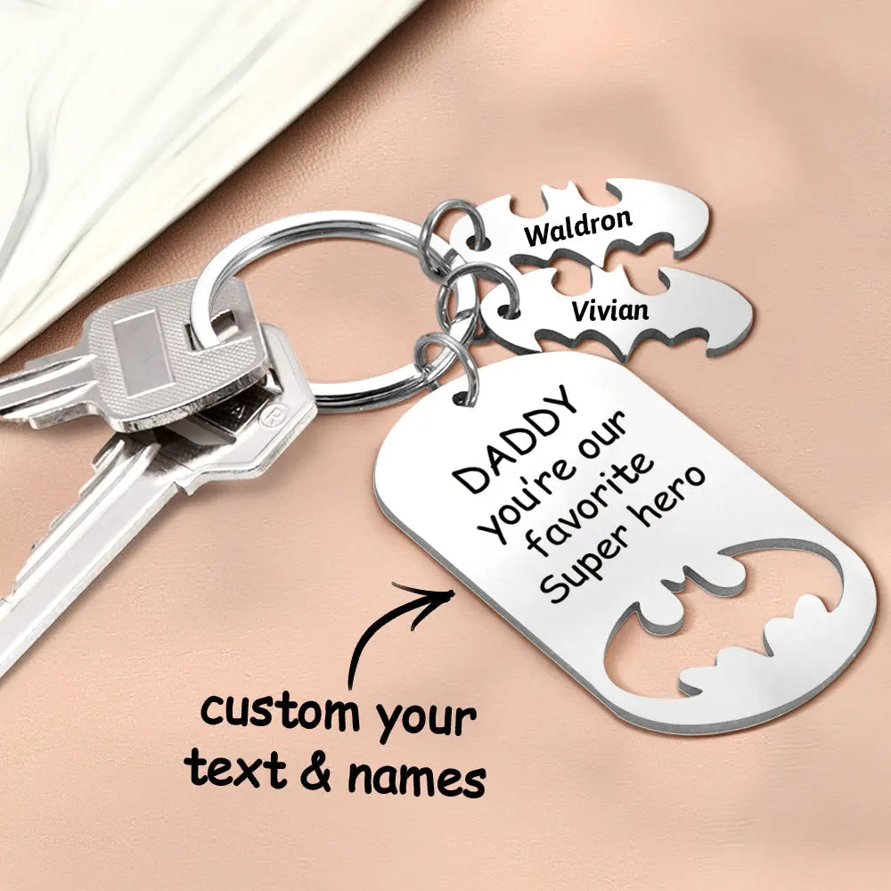 Personalized Superhero Daddy Keychain with Kids Names Gift for Father