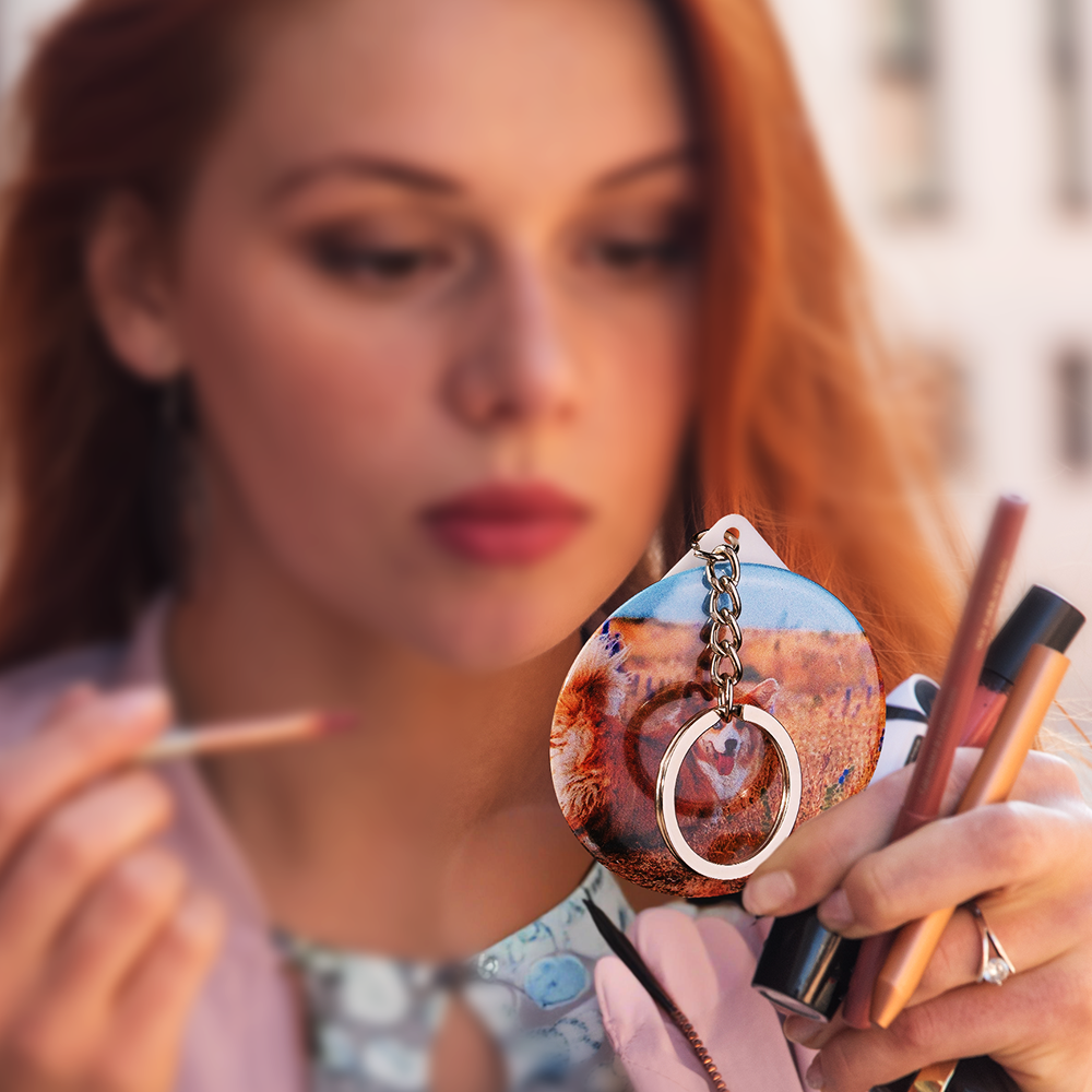 Personalised Photo Keychain with Round Mirror Keychain Gift for Her