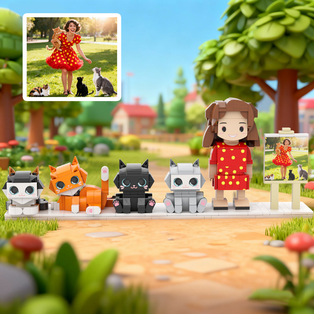 Custom Full-Body Cute Brick Figures of 1 Person and 4 Cats with Frame Personalized Anniversary Gift Birthday Gift