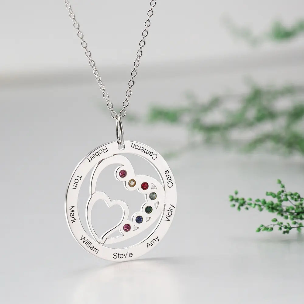 Round and Heart Engraved Necklace with Custom Birthstones