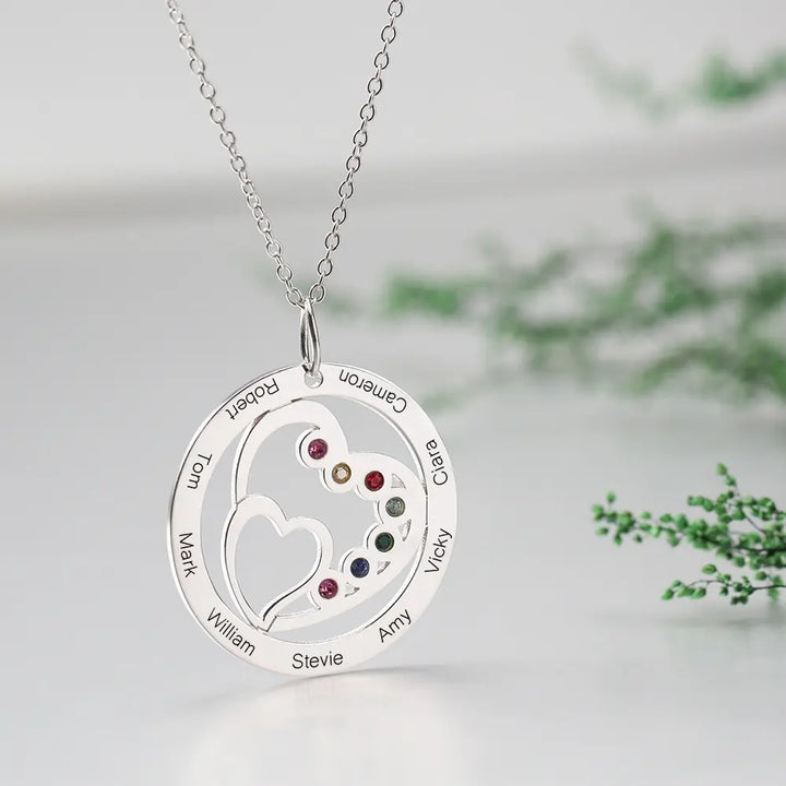 Round and Heart Engraved Necklace with Custom Birthstones