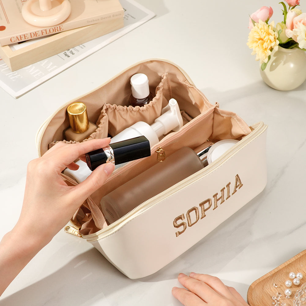 Personalized PU Leather Waterproof Makeup Bag with Embroidery Name Cosmetic Bag Travel Accessory Birthday Wedding Gift for Her