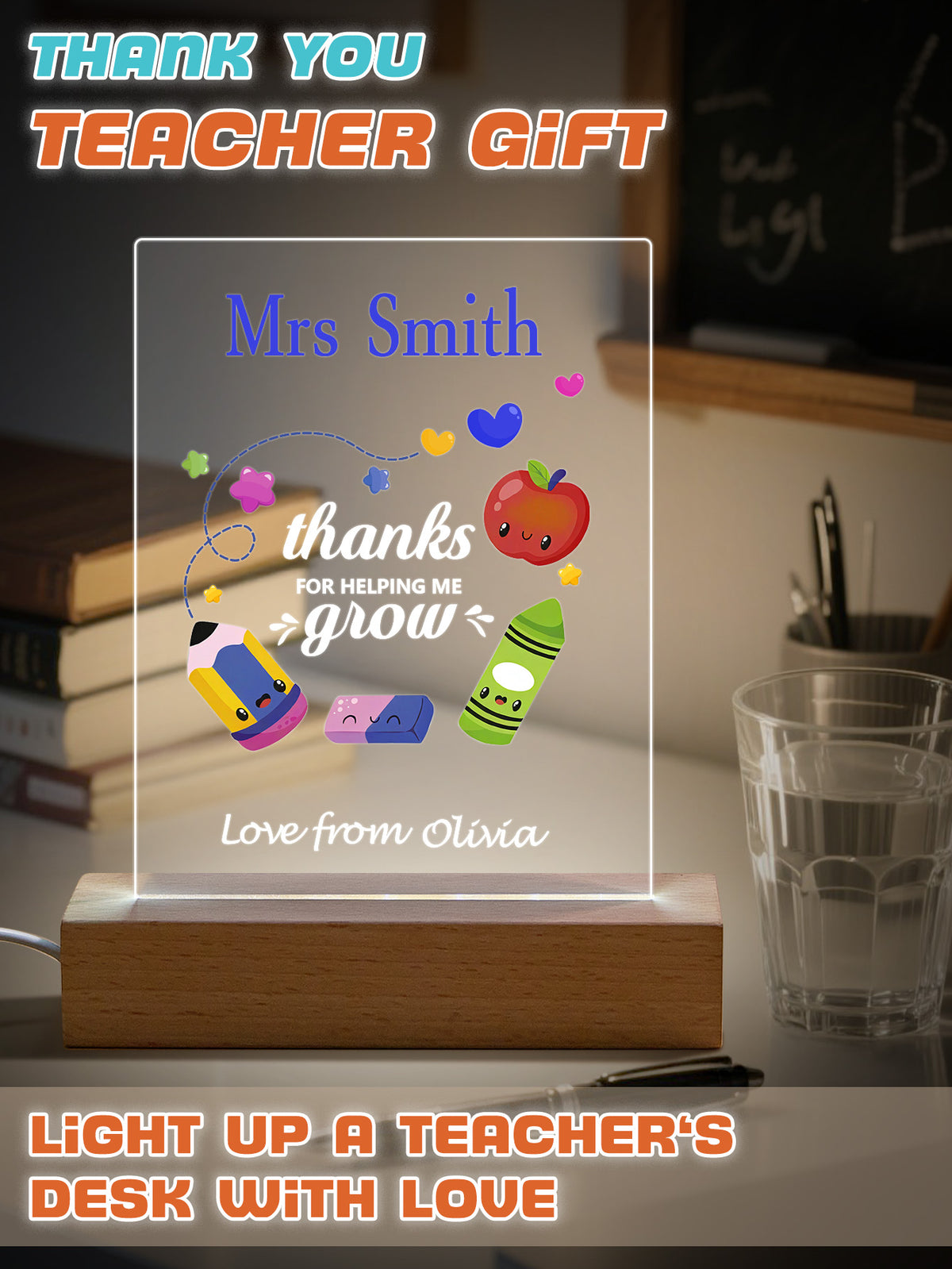 Custom Engraved Back to School Transparent Night Light with Pencil Design White Light Teacher's Day Gift