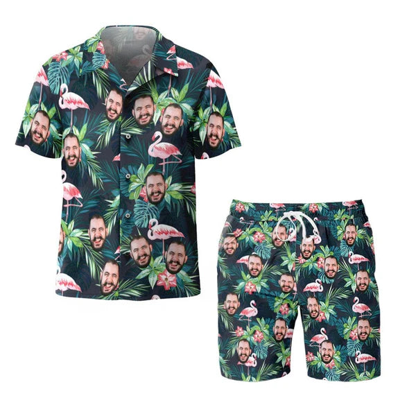 Custom Face Hawaiian Shirt And Beach Shorts Set Personalized Men's Photo Flamingo Flower Set Vacation Party Gift