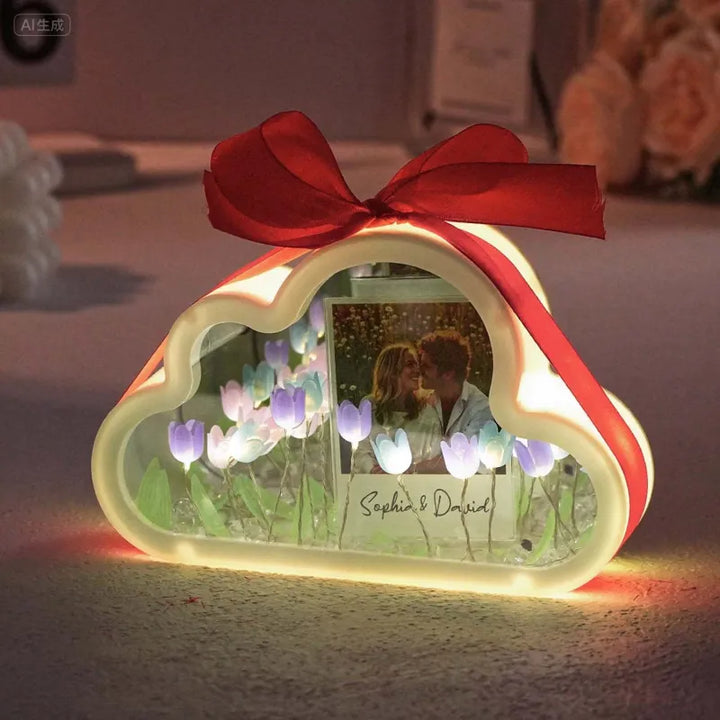 Custom Photo Cloud-shaped Tulip Rectangle Lamp Flower Infinity Mirror Box Infinity Mirror Flower with Your Picture and Text DIY Kit