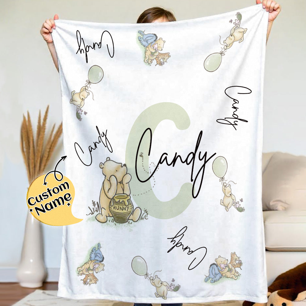 Personalized Winnie the Pooh Throw Blanket with Name Nursery Decor Birthday Baby Shower Gift for Kids