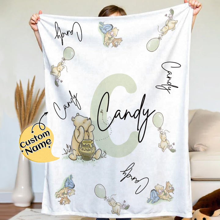 Personalized Winnie the Pooh Throw Blanket with Name Nursery Decor Birthday Baby Shower Gift for Kids
