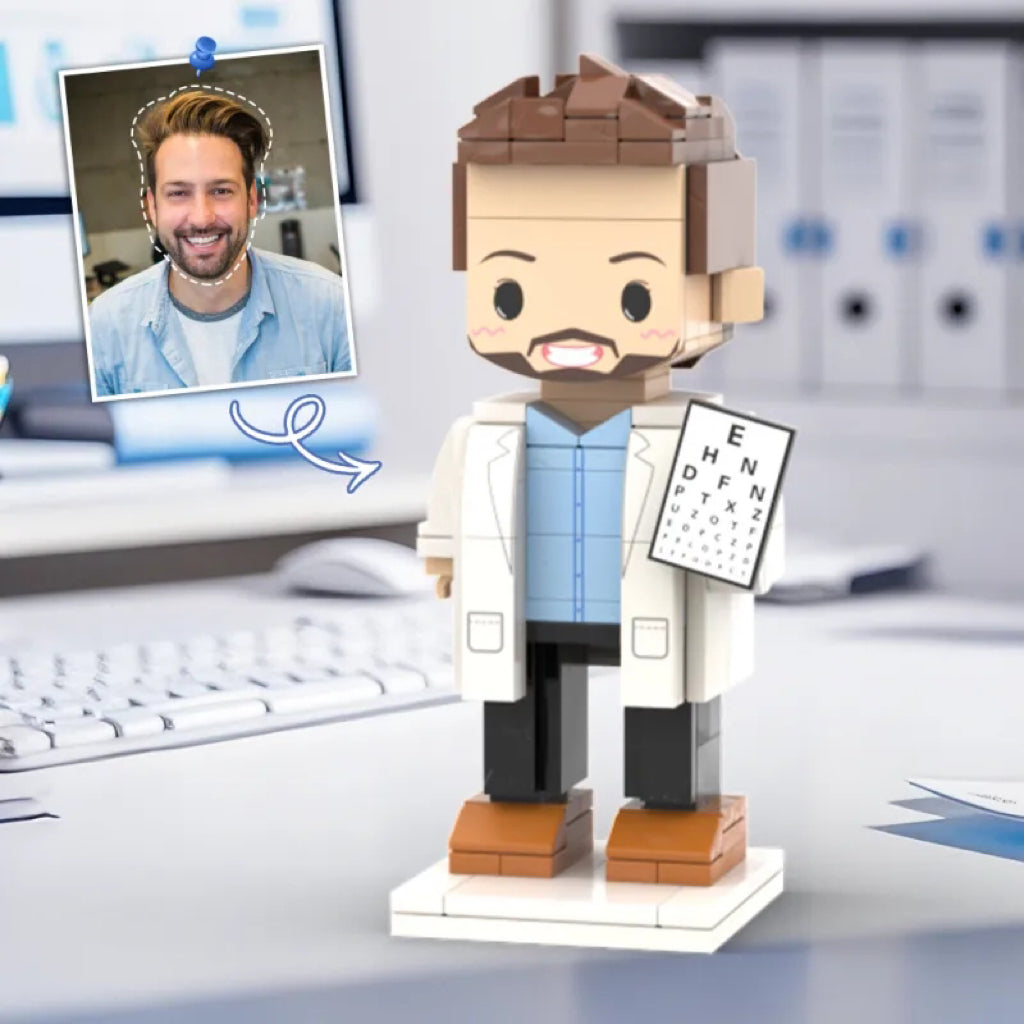 Personalized Head Doctor Brick Figure Holding Eye Chart – Custom Text Medical Career Gift, Gift for Him