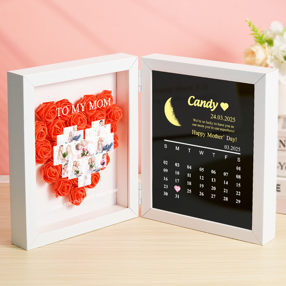Personalized Flower Shadow Box with Moon Phase Calendar Hearts Flower Box Mother's Day Gift for Mom
