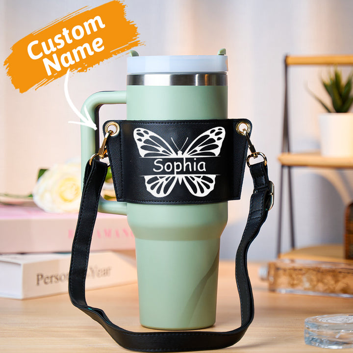 Personalized Butterfly Water Bottle Carrier Bag for 40oz Stanley Tumbler with Adjustable Strap Gift for Women