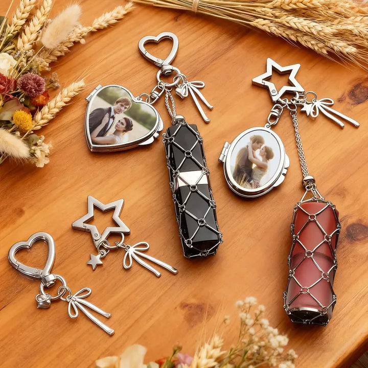 Personalized Photo Lipstick Keychain with Mirror Metal Makeup Bag Charm Valentine's Day Gifts