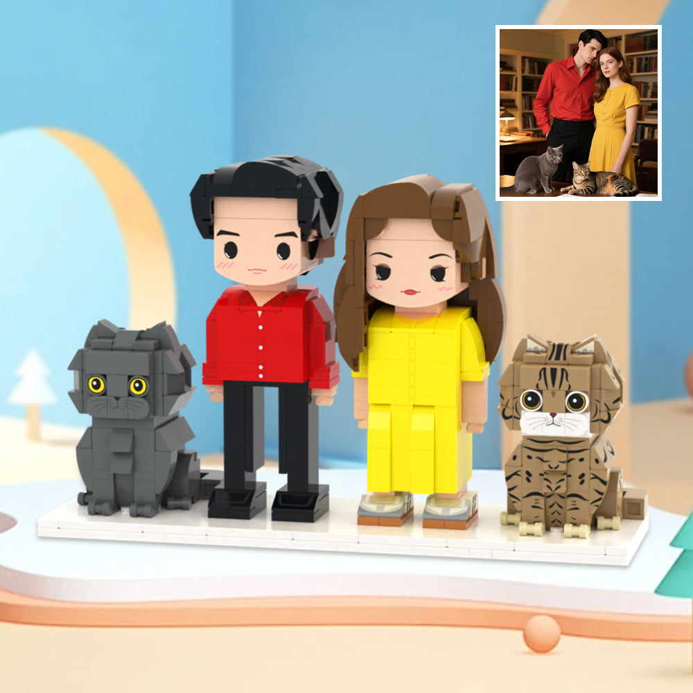 Custom Full-Body Cute Brick Figures of 2 People and 2 Cats Personalized Anniversary Gift Birthday Gift