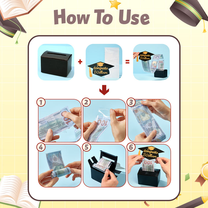 Personalized Graduation Cap Pull Out Money Gift Box Money Holder with 30pcs Transparent Bags Gift for Graduates